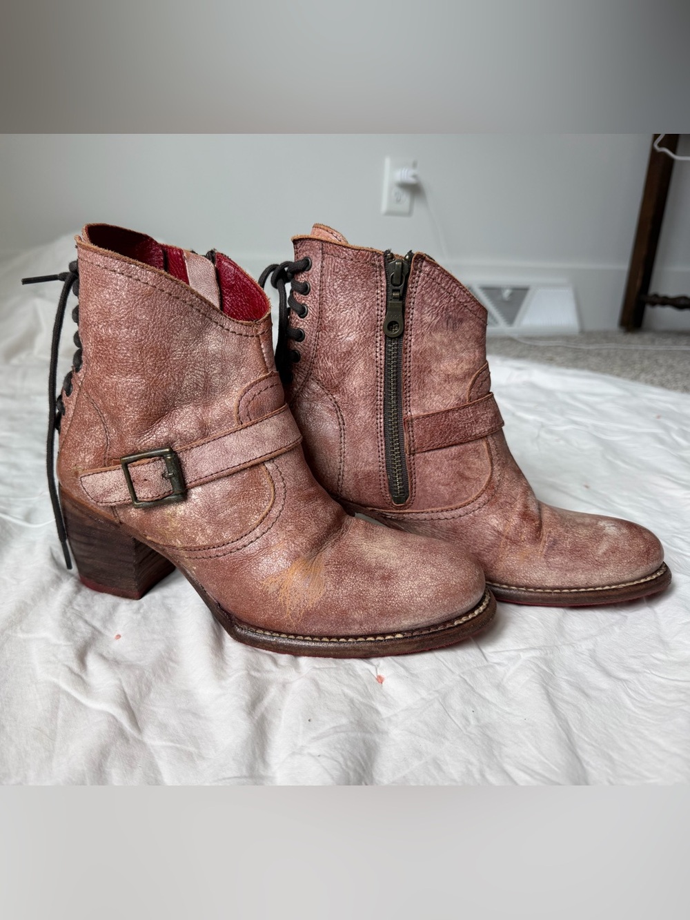 Bed Stu Dusty Rose Leather Ankle Booties with Buckle & Side Zip